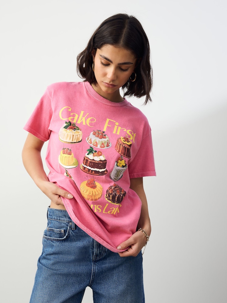 Raspberry Pink Oversized Washed Cake Sweet Treats Food Graphic Print Short Sleeve Crew Neck T-Shirt - Image 1 of 7