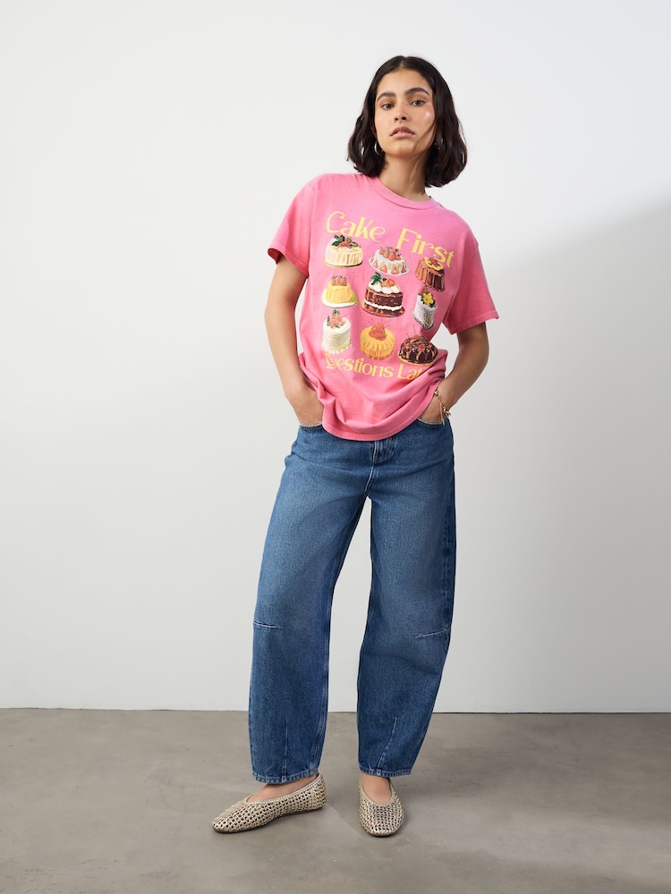 Raspberry Pink Oversized Washed Cake Sweet Treats Food Graphic Print Short Sleeve Crew Neck T-Shirt - Image 2 of 7