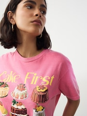 Raspberry Pink Oversized Washed Cake Sweet Treats Food Graphic Print Short Sleeve Crew Neck T-Shirt - Image 4 of 7