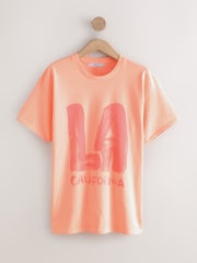 Fluro Orange Oversized Washed Bright LA City Graphic Print Short Sleeve Crew Neck T-Shirt - Image 4 of 6