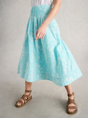 White Stuff Blue Charlotte Midi 100% Organic Cotton Skirt - Image 1 of 6