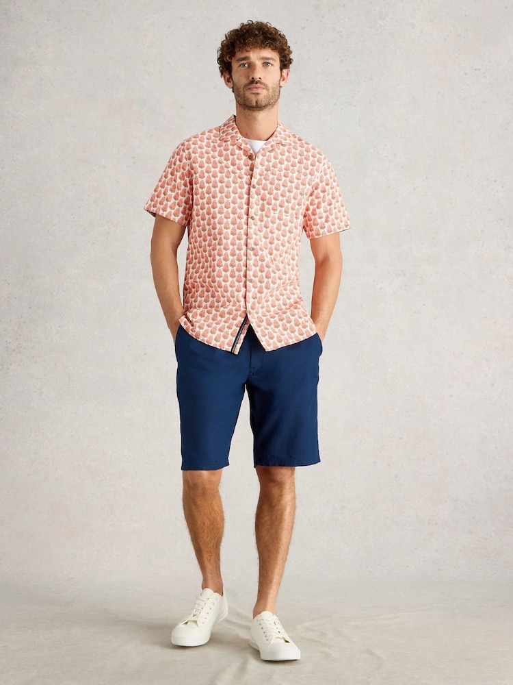 Azul - Shorts de mistura de linho com cordão branco - Imagem 2 de 6