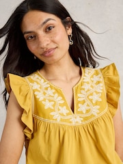 White Stuff Yellow Callie Frill 100% Cotton Blouses - Image 4 of 6