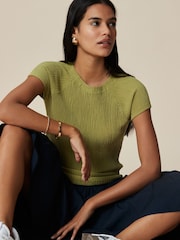 Khaki Green Raglan Short Sleeve Textured Top - Image 1 of 4