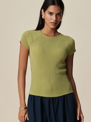 Khaki Green Raglan Short Sleeve Textured Top - Image 3 of 4