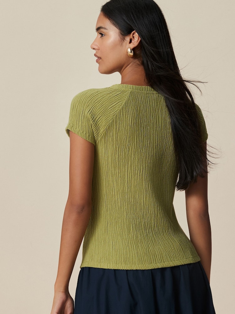 Khaki Green Raglan Short Sleeve Textured Top - Image 4 of 4