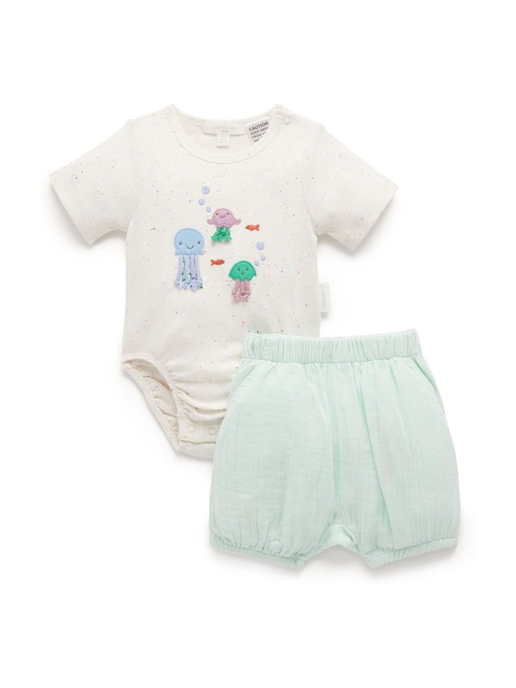 Purebaby Green 100% Cotton Jelly Fish T-Shirt And Shorts Set - Image 2 of 4