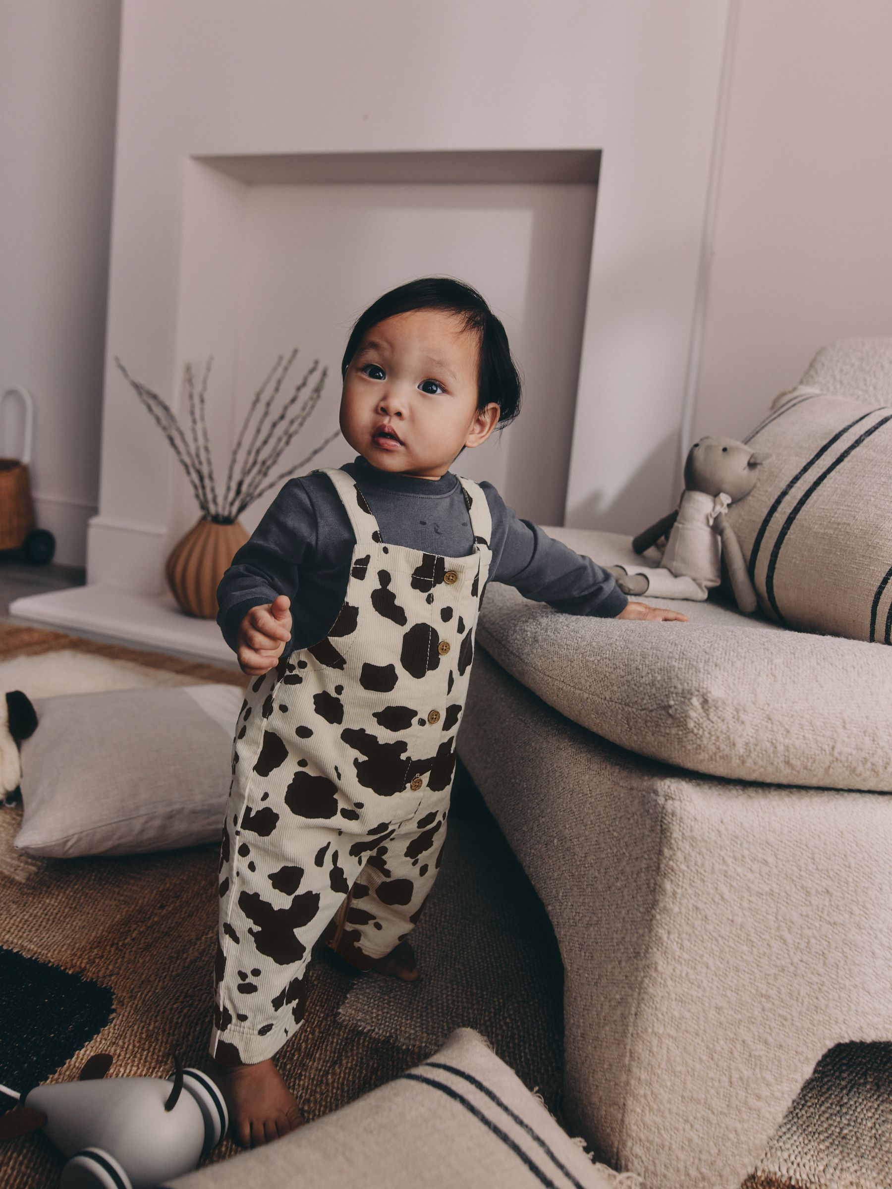 Buy Charcoal/ Cream Cow Baby Dungarees and Bodysuit Set 2 Piece