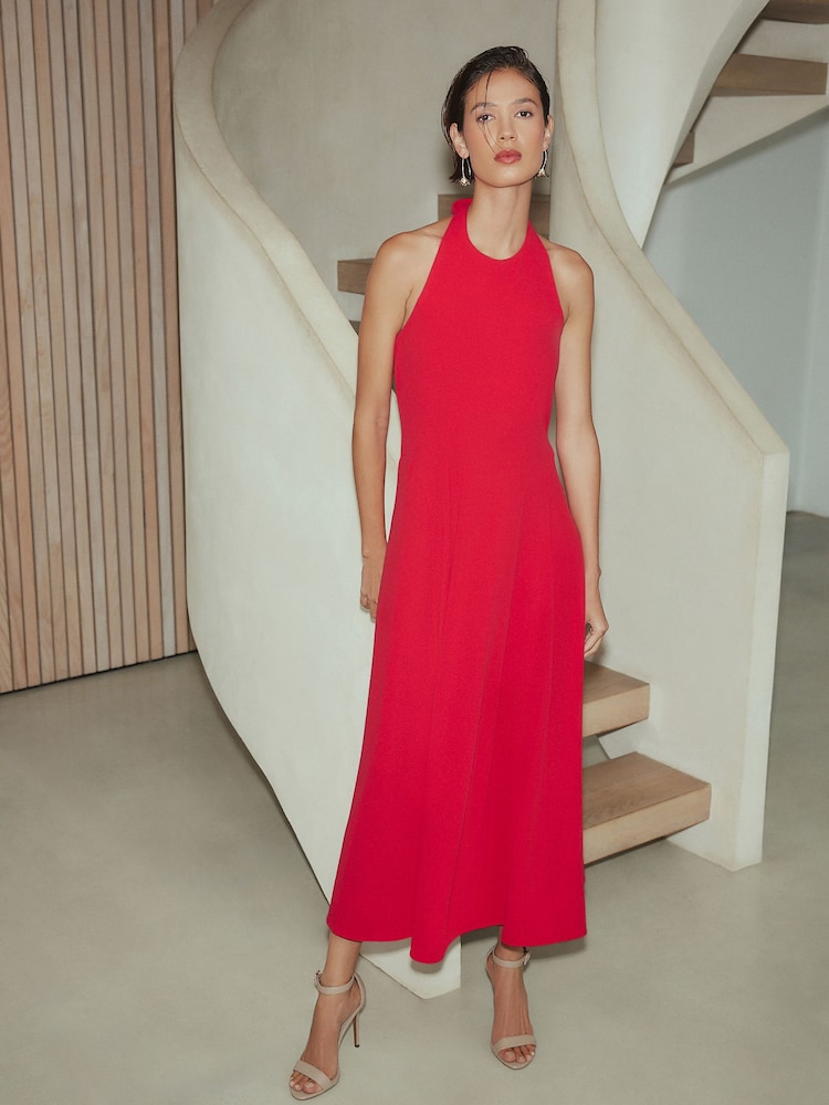 Red Halter Neck Midi Occasion Dress - Image 1 of 7