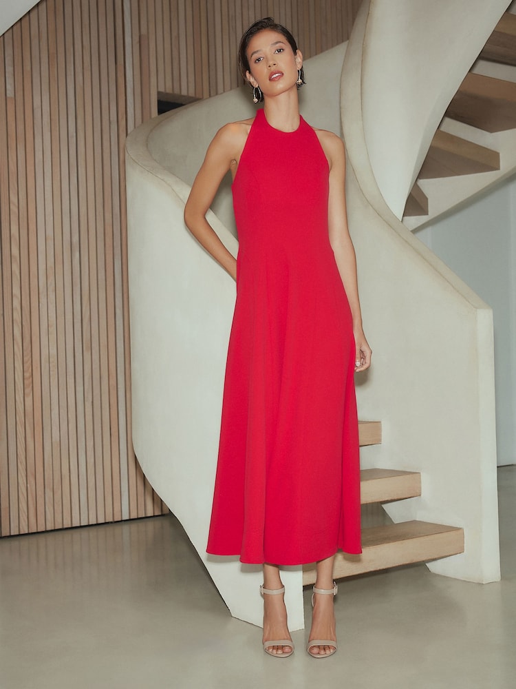 Red Halter Neck Midi Occasion Dress - Image 2 of 7