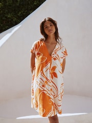 Orange Tile Print Mini Short Sleeve V-Neck Kaftan Dress with Linen - Image 1 of 7