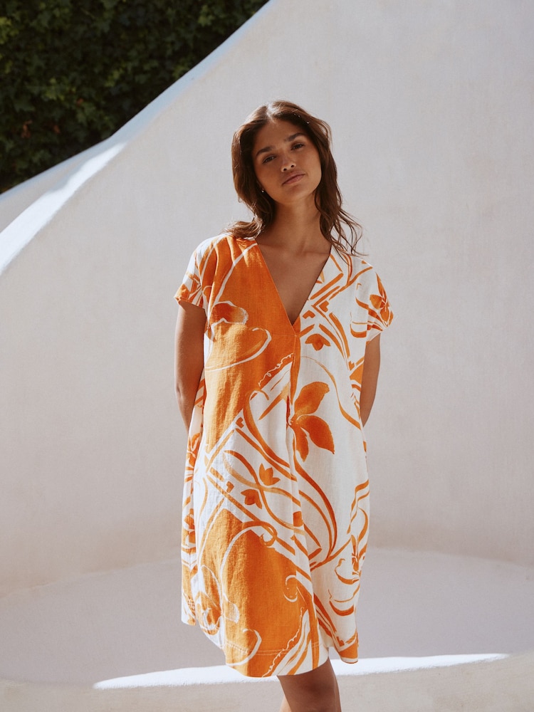 Orange Tile Print Mini Short Sleeve V-Neck Kaftan Dress with Linen - Image 1 of 7