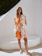 Orange Tile Print Mini Short Sleeve V-Neck Kaftan Dress with Linen - Image 2 of 7