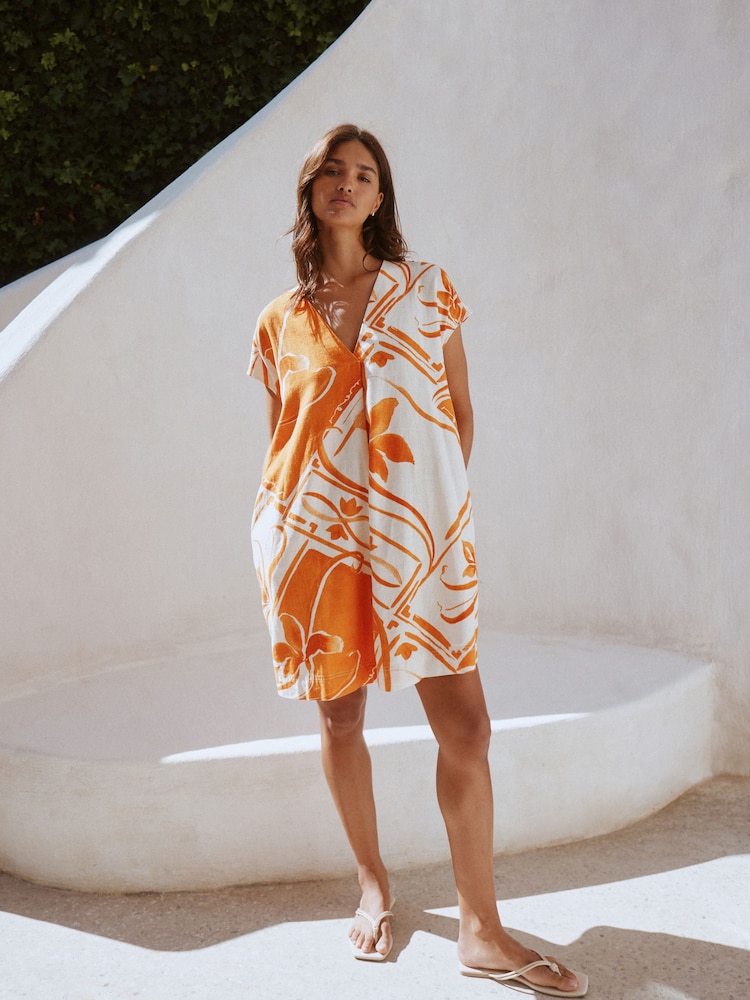 Orange Tile Print Mini Short Sleeve V-Neck Kaftan Dress with Linen - Image 2 of 7