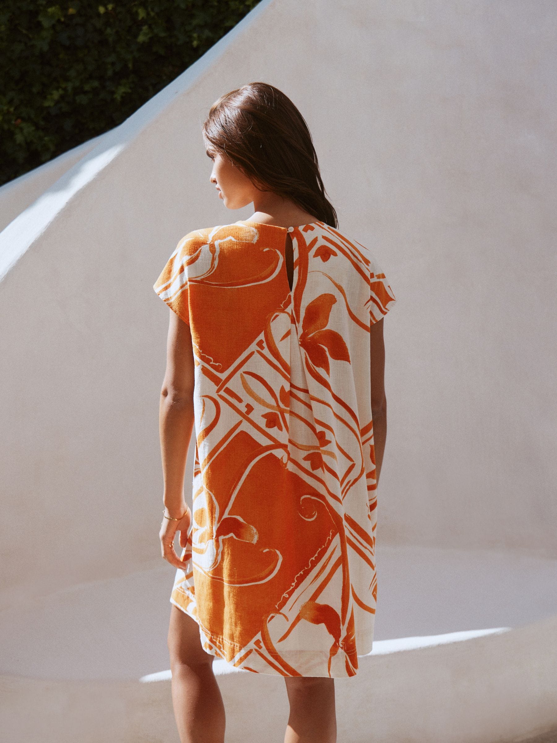 Buy Orange Tile Print Linen Blend Short Sleeve V-Neck Kaftan Mini