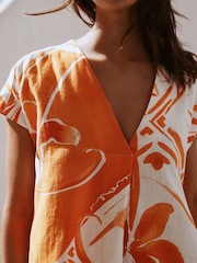 Orange Tile Print Mini Short Sleeve V-Neck Kaftan Dress with Linen - Image 4 of 7
