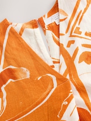 Orange Tile Print Mini Short Sleeve V-Neck Kaftan Dress with Linen - Image 6 of 7