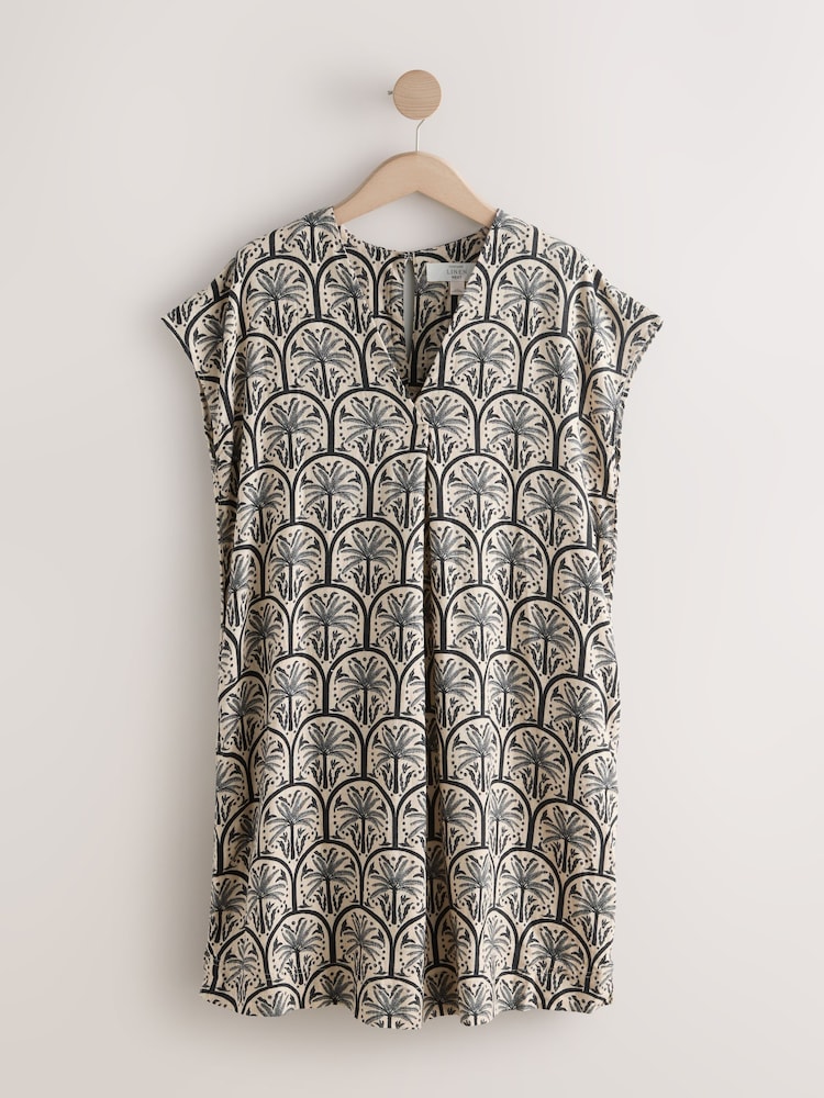 Black/White Palm Print Mini Short Sleeve V-Neck Kaftan Dress with Linen - Image 1 of 3
