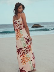 Floral Palm Print Maxi Length Trapeze Shape Ruched Neckline Thin Vest Strap Dress - Image 2 of 8