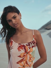 Floral Palm Print Maxi Length Trapeze Shape Ruched Neckline Thin Vest Strap Dress - Image 3 of 8