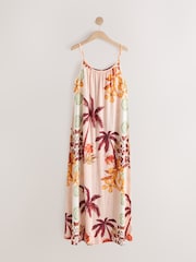 Floral Palm Print Maxi Length Trapeze Shape Ruched Neckline Thin Vest Strap Dress - Image 6 of 8