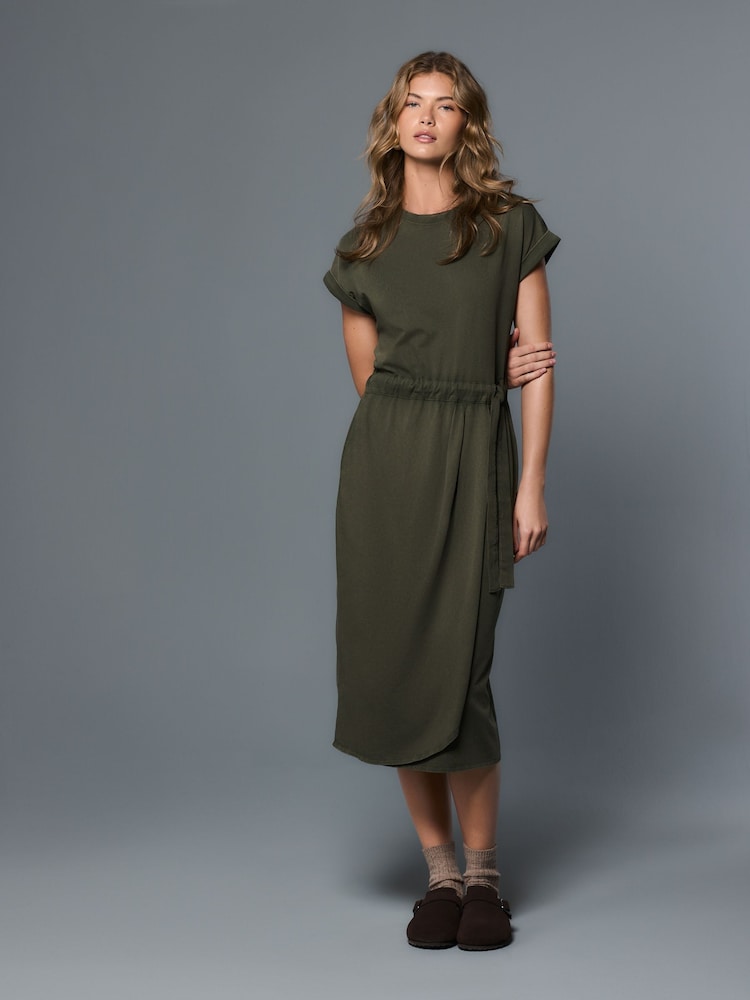 Washed Khaki Green Jersey Sarong Tie T-Shirt Dress - Image 1 of 8
