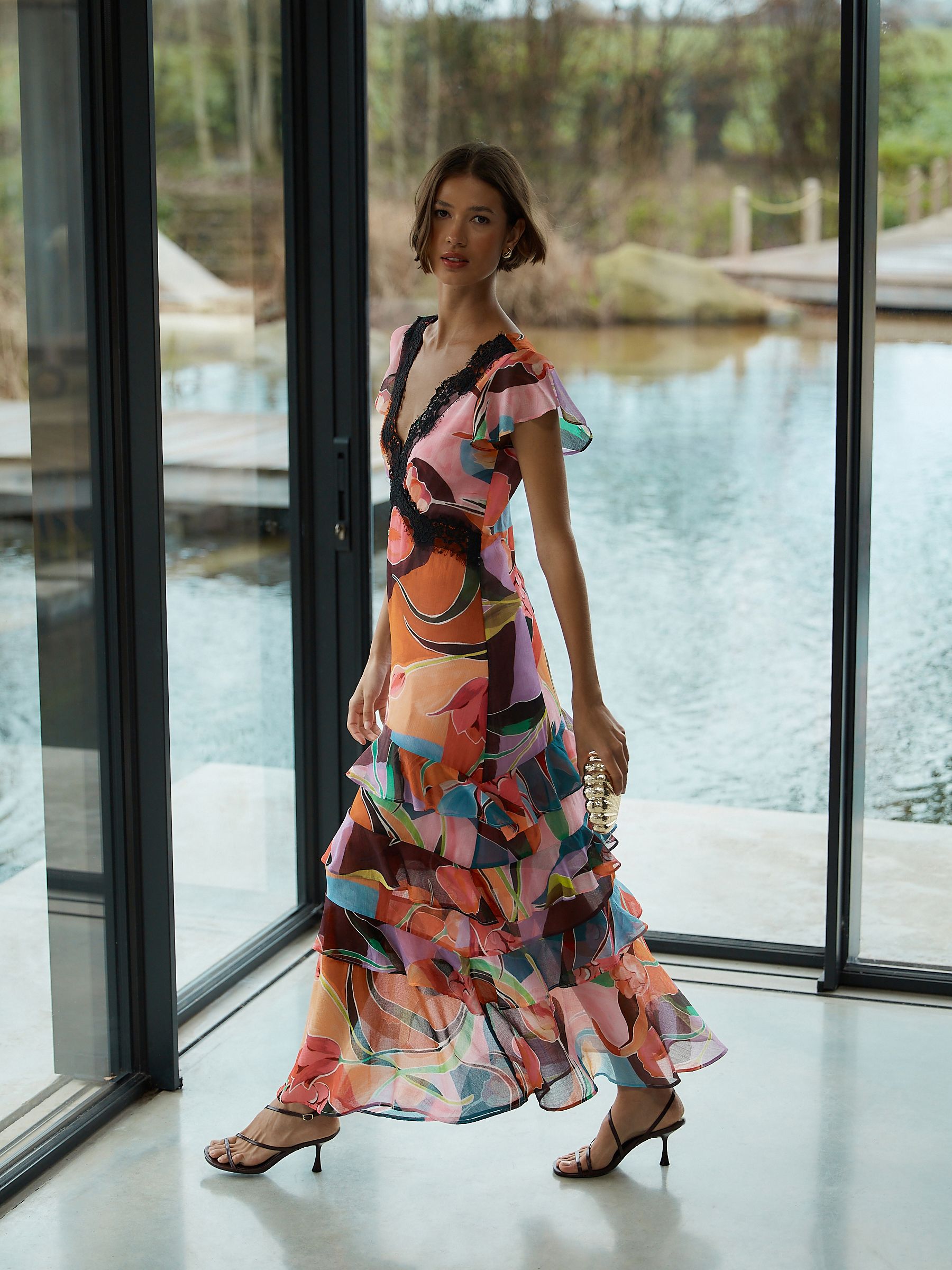 Buy Pink Floral Lace Trim V-Neck Tiered Maxi Occasion Dress from