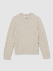 Reiss Oatmeal Melange Harrison Cotton Blend Rib Knit Henley Top - Image 1 of 4