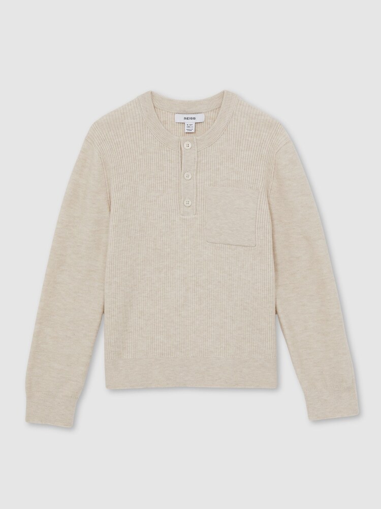 Reiss Oatmeal Melange Harrison Cotton Blend Rib Knit Henley Top - Image 1 of 4