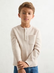 Reiss Oatmeal Melange Harrison Cotton Blend Rib Knit Henley Top - Image 2 of 4