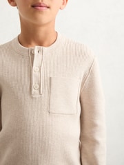 Reiss Oatmeal Melange Harrison Cotton Blend Rib Knit Henley Top - Image 3 of 4