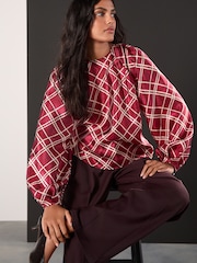 Red/Gold Check Volume Long Sleeve Blouse - Image 1 of 8
