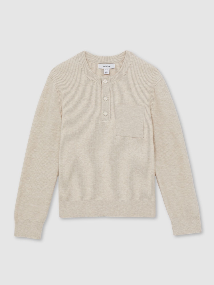 Reiss Oatmeal Melange Harrison Cotton Blend Rib Knit Henley Top - Image 2 of 4
