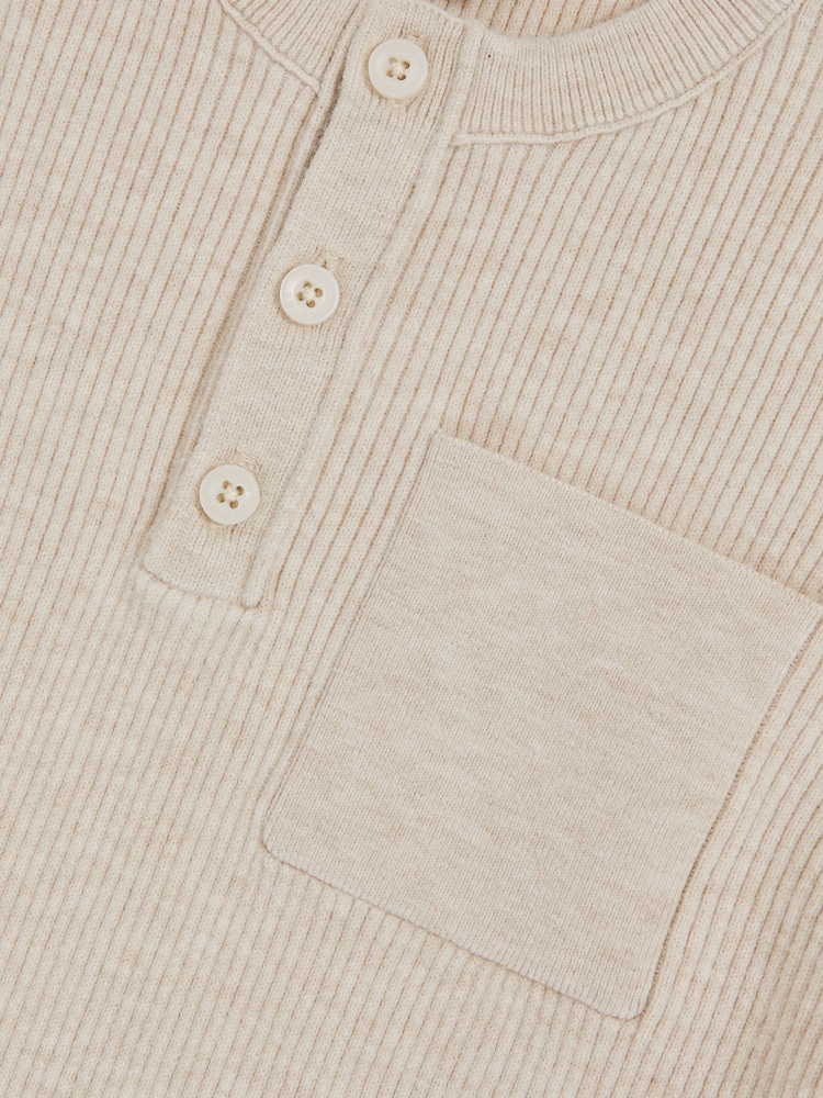Reiss Oatmeal Melange Harrison Cotton Blend Rib Knit Henley Top - Image 4 of 4