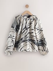 White/Black Zebra Print Volume Long Sleeve Blouse - Image 1 of 3