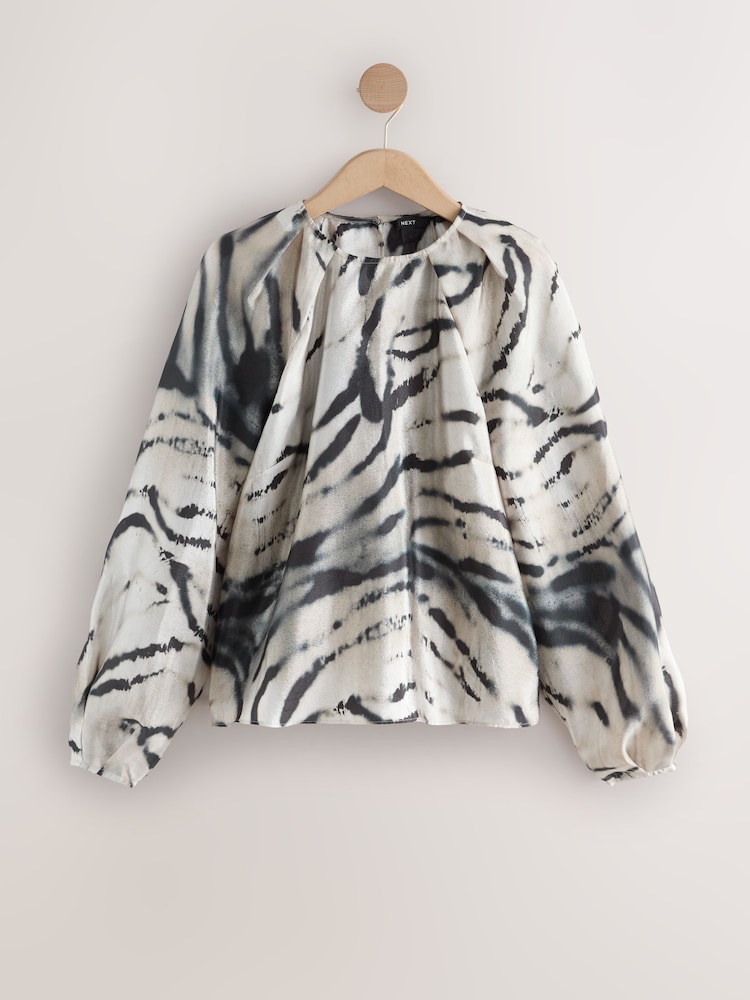 White/Black Zebra Print Volume Long Sleeve Blouse - Image 1 of 3