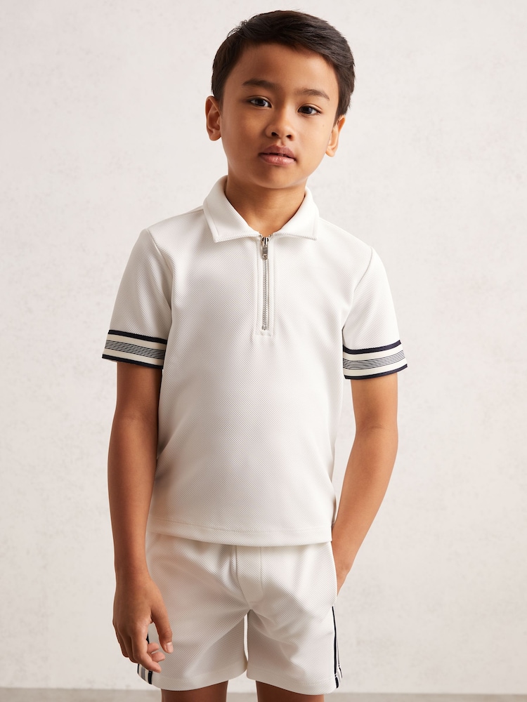 Reiss White Wills Textured Half Zip Polo Shirt - Image 1 of 4