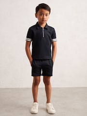 Reiss Navy Blue Wills 3-9 yrs Textured Half Zip Polo Shirt - Image 1 of 4