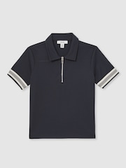 Reiss Navy Blue Wills 3-9 yrs Textured Half Zip Polo Shirt - Image 2 of 4