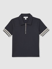 Reiss Navy Blue Wills Textured Half Zip Polo Shirt - Image 1 of 4