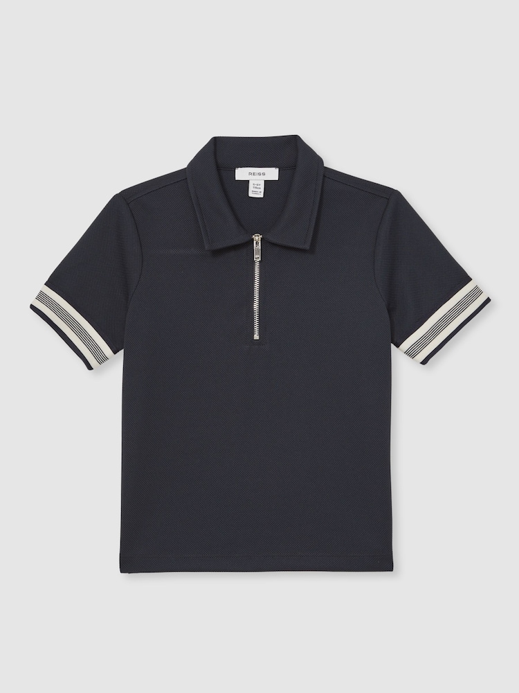 Reiss Navy Blue Wills Textured Half Zip Polo Shirt - Image 1 of 4