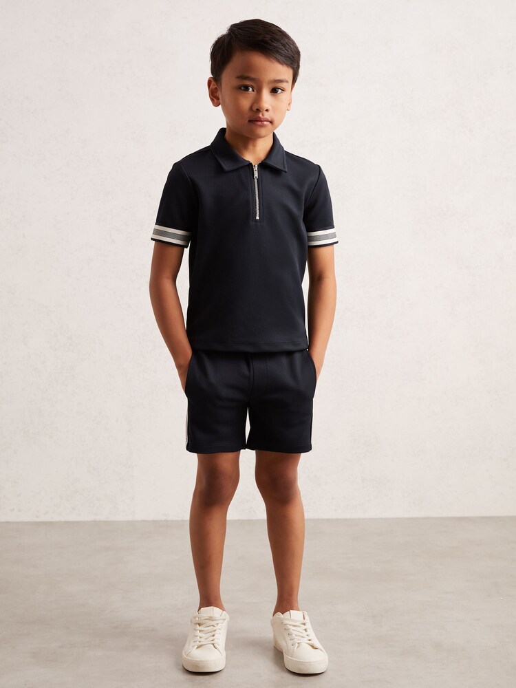 Reiss Navy Blue Wills Textured Half Zip Polo Shirt - Image 2 of 4 Reiss Navy Blue Wills Textured Half Zip Polo Shirt - Image 2 of 4