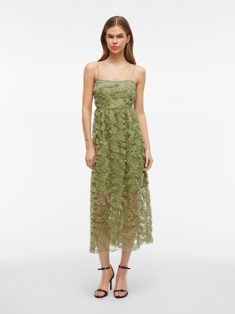 VILA Green Embroidered Cami Midi Dress - Image 1 of 4