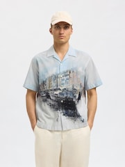 Selected Homme Blue Revere Collar Printed Short Sleeve Shirt - Image 1 of 4