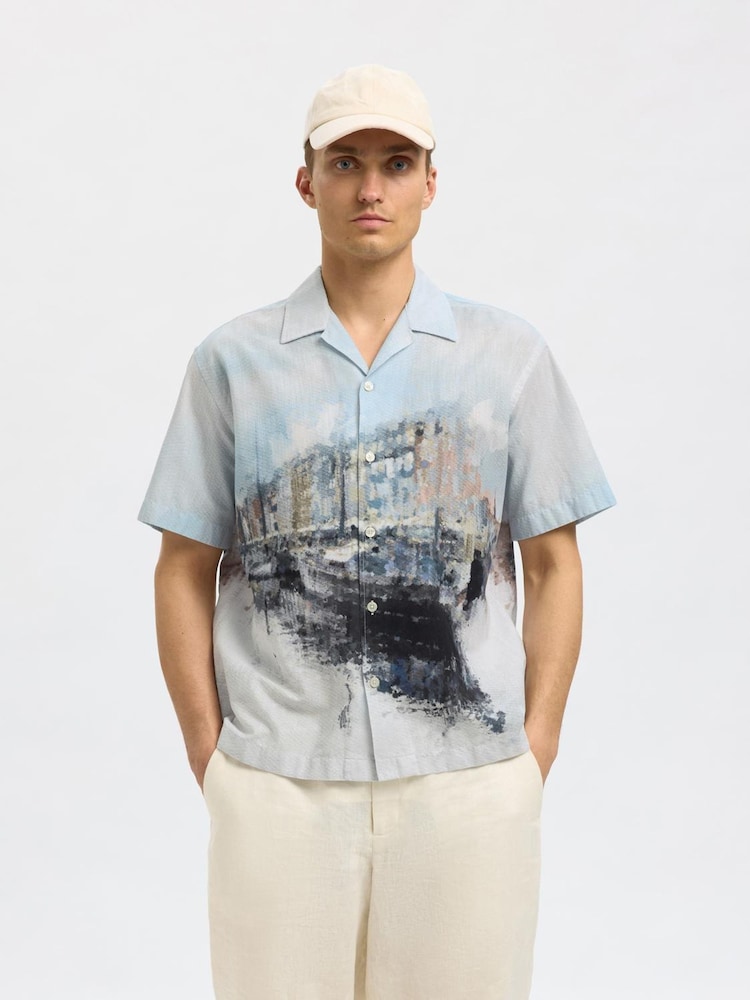 Selected Homme Blue Revere Collar Printed Short Sleeve Shirt - Image 1 of 4