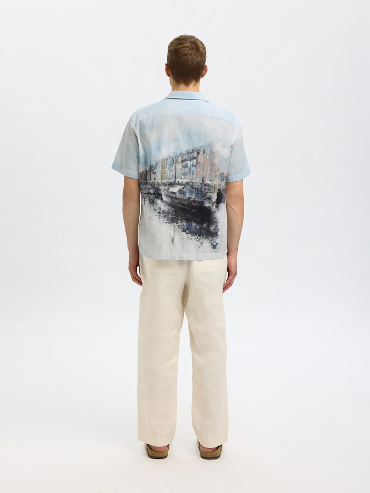 Selected Homme Blue Revere Collar Printed Short Sleeve Shirt - Image 2 of 4