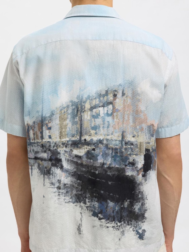 Selected Homme Blue Revere Collar Printed Short Sleeve Shirt - Image 4 of 4