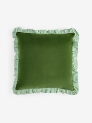 Green 43 x 43cm Ruffle Trim Velvet Cushion - Image 3 of 4