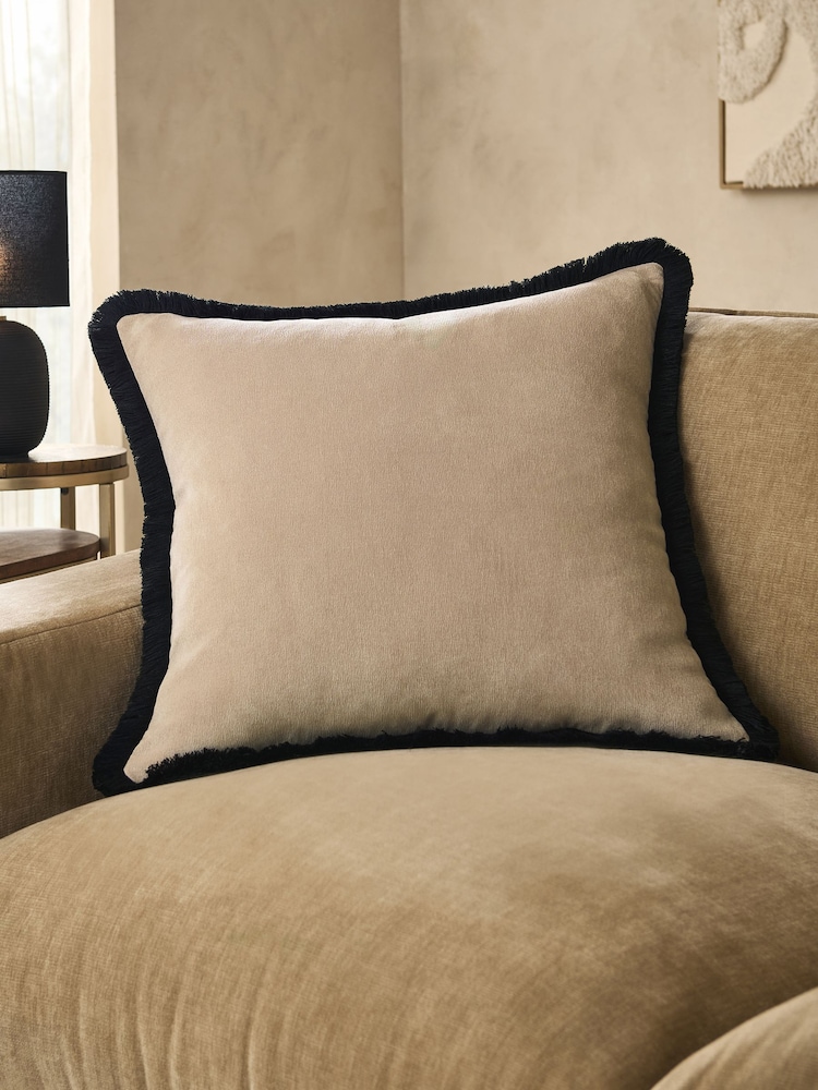 Stone Soft Velour Fringe Cushion - Image 1 of 2 Stone Soft Velour Fringe Cushion - Image 1 of 2