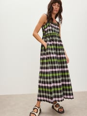 Oliver Bonas Black Checked Scalloped Strappy Midi Dress - Image 1 of 7